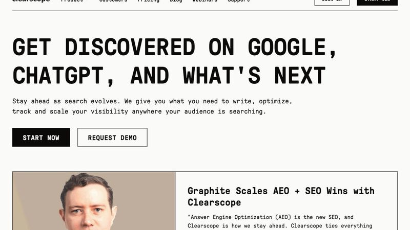 Clearscope homepage hero section — SEO content grading and optimization tool