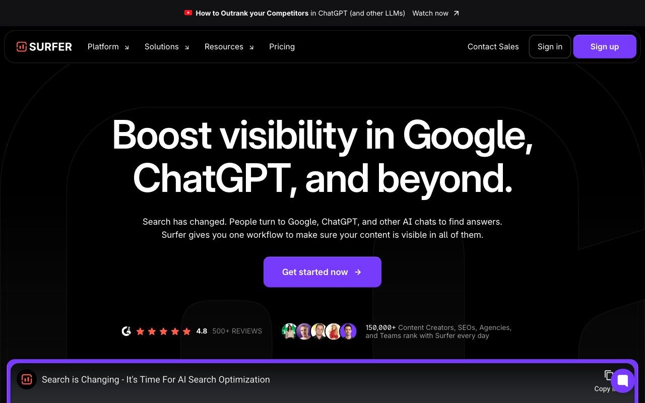 Surfer SEO homepage hero section — SEO and AI content optimization platform