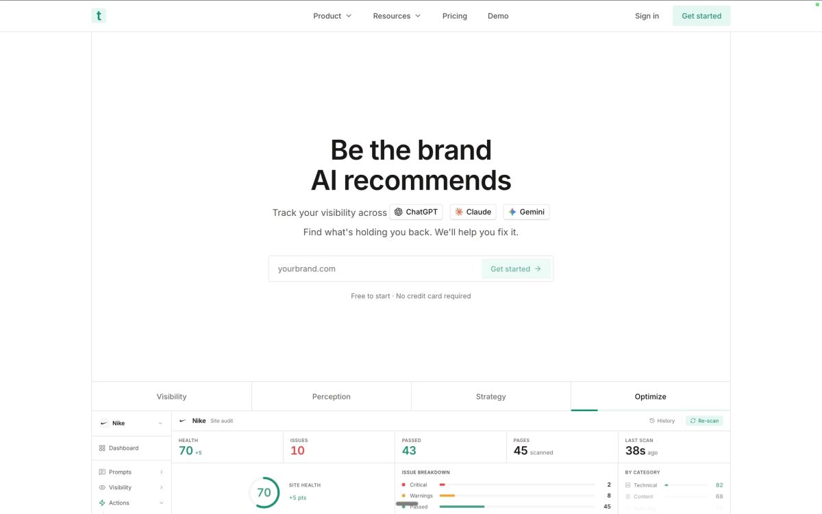 Trakkr showing AI traffic attribution and visibility tracking connected to analytics, highlighting AI visitors, citations, and revenue impact