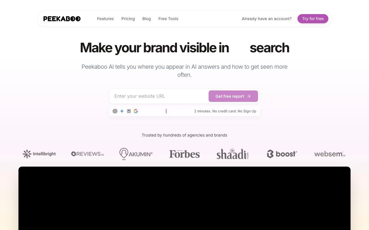 AI Peekaboo homepage hero section — AI search visibility tracking platform