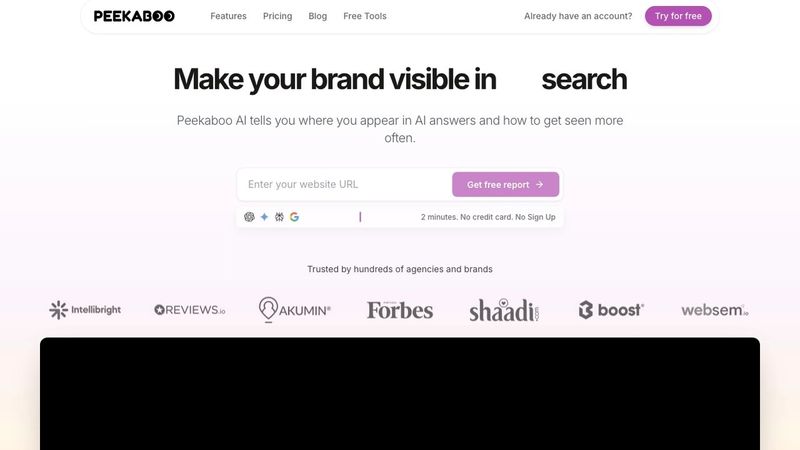 AI Peekaboo homepage hero section — AI search visibility tracking platform