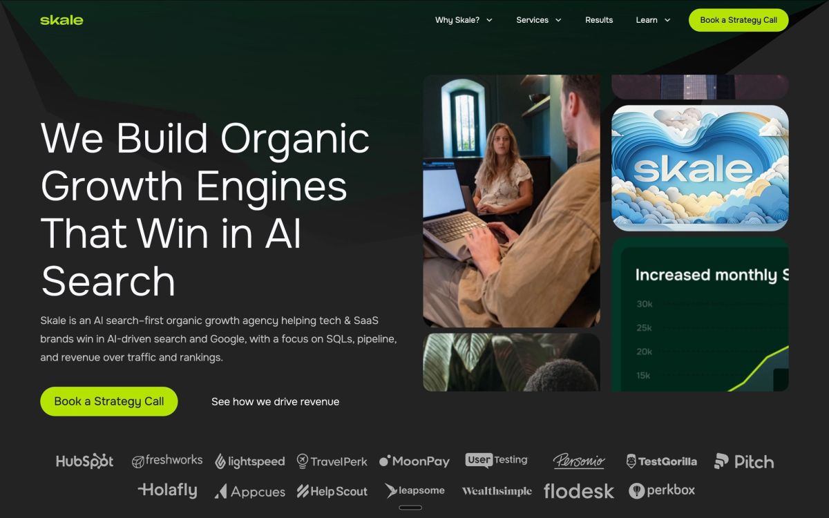 Skale SEO agency homepage showing playbook rewrite for AI search era helping ambitious tech brands get discovered, cited, and trusted in ChatGPT, Perplexity, and Google AI Mode