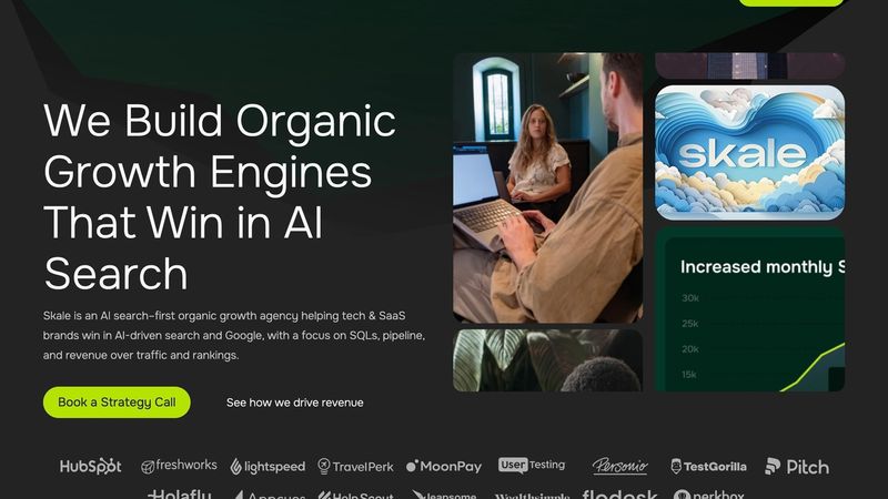 Skale SEO agency homepage showing playbook rewrite for AI search era helping ambitious tech brands get discovered, cited, and trusted in ChatGPT, Perplexity, and Google AI Mode