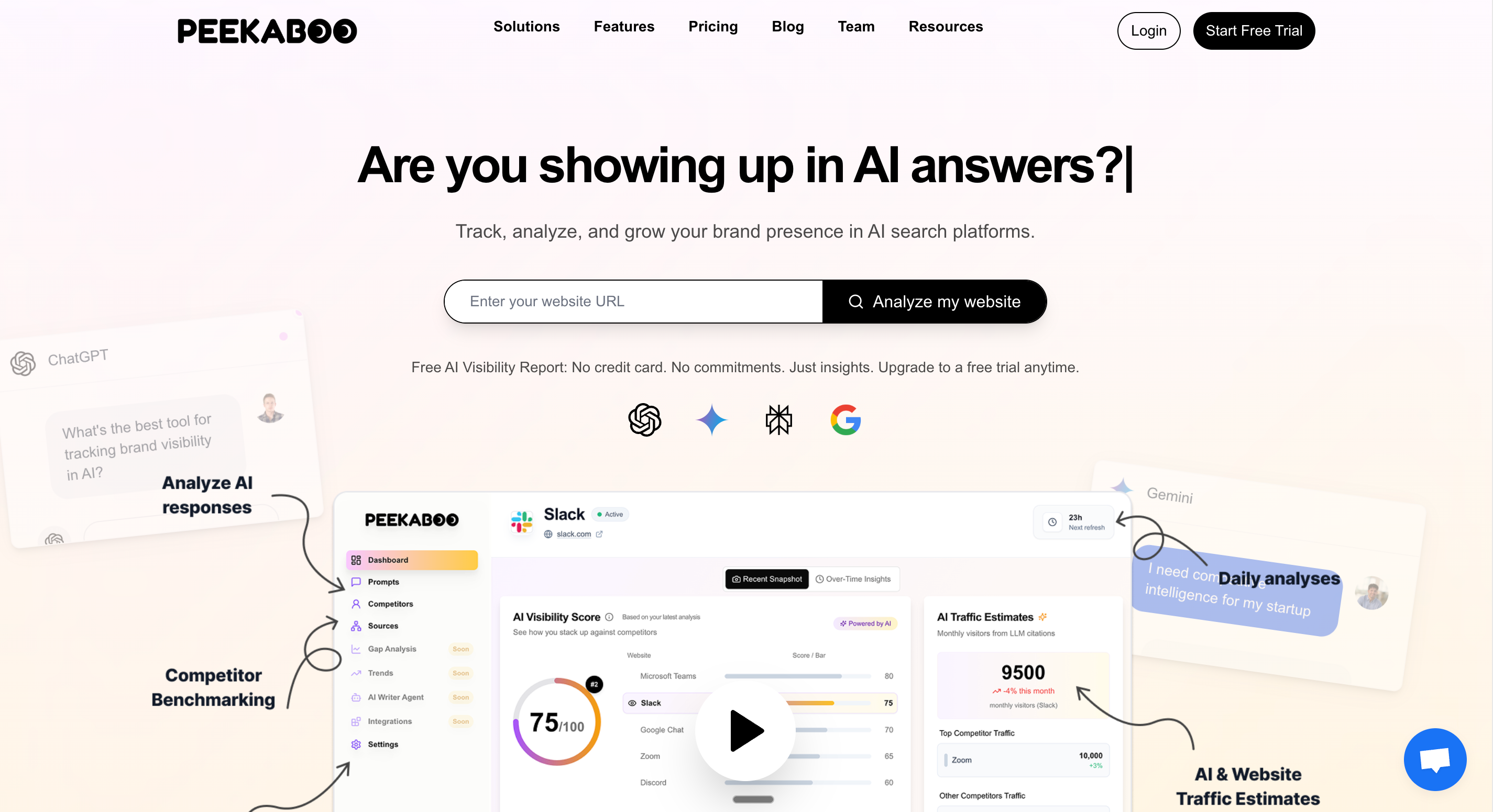Screenshot of Peekaboo website showing AI monitoring and visibility tools that help brands understand what customers are searching for in AI engines.