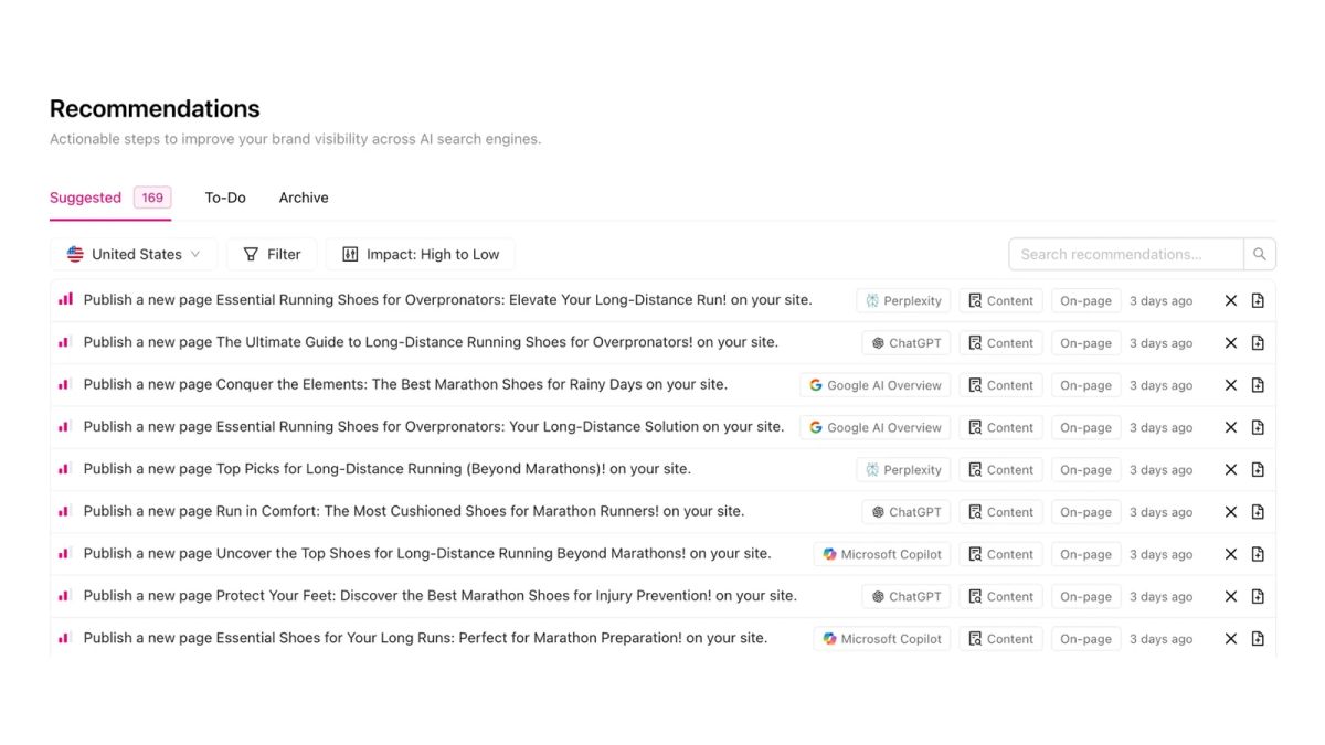 Otterly's recommendations list, with suggested pages to publish and the engine each relates to