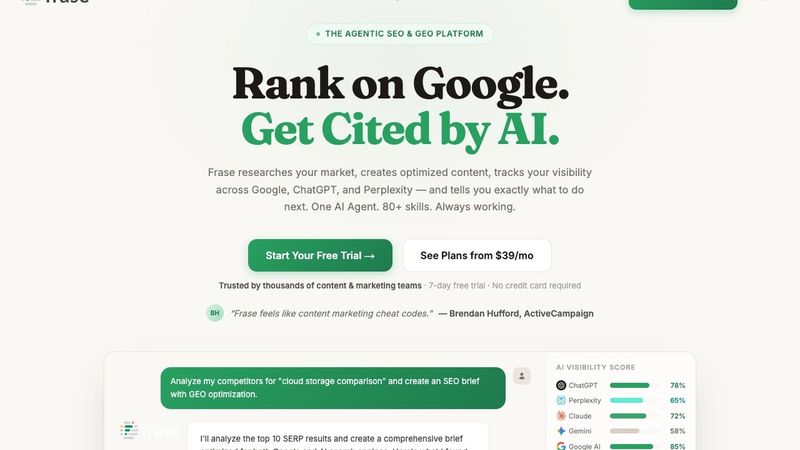 Frase homepage hero section — SEO and GEO content optimization platform