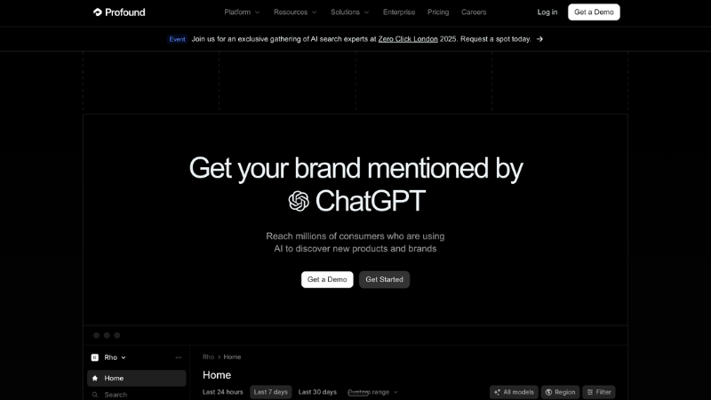 Screenshot of Profound website showing enterprise AI brand visibility checker dashboard for AI answers.