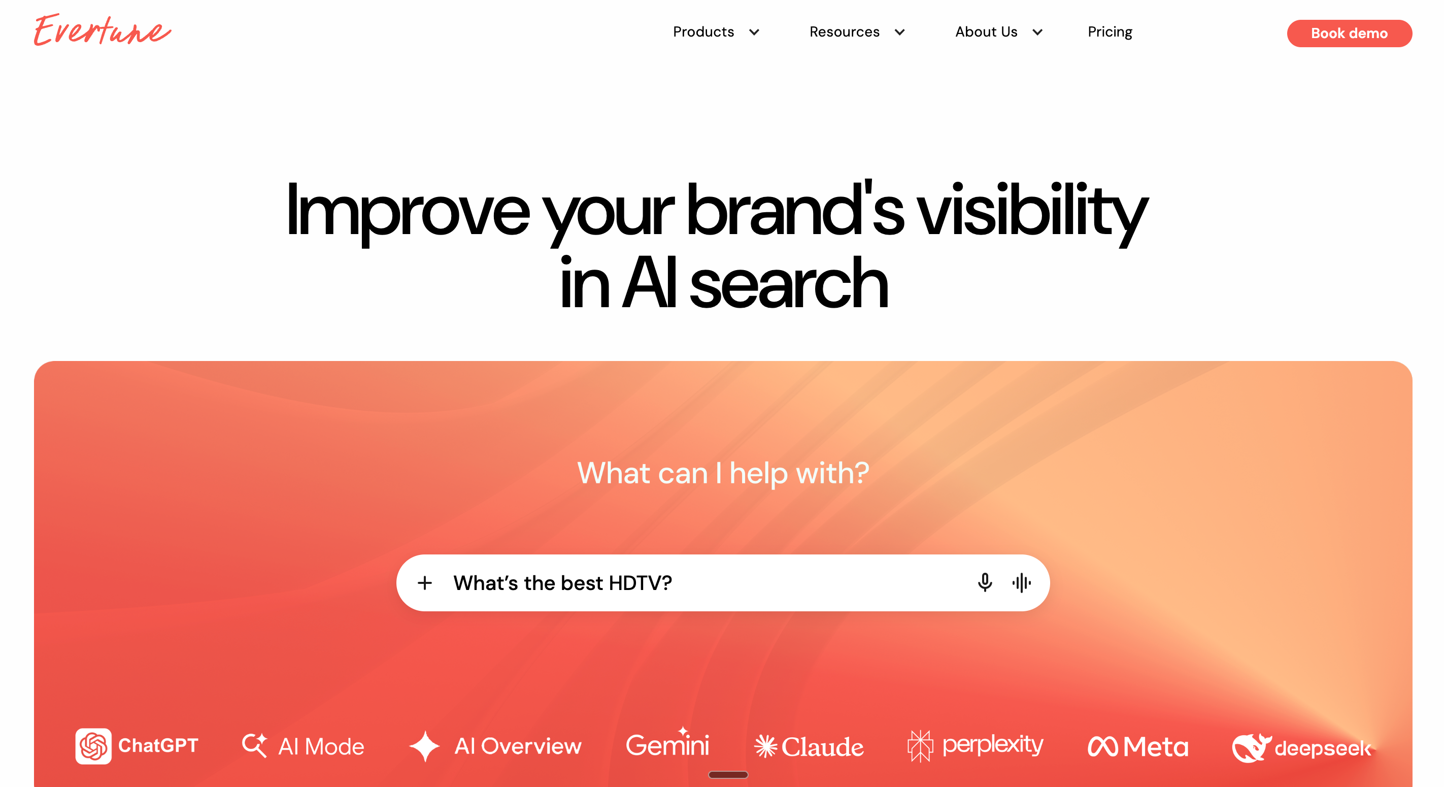 Screenshot of Evertune website highlighting AI visibility tracking features that show what customers are searching for in AI engines.