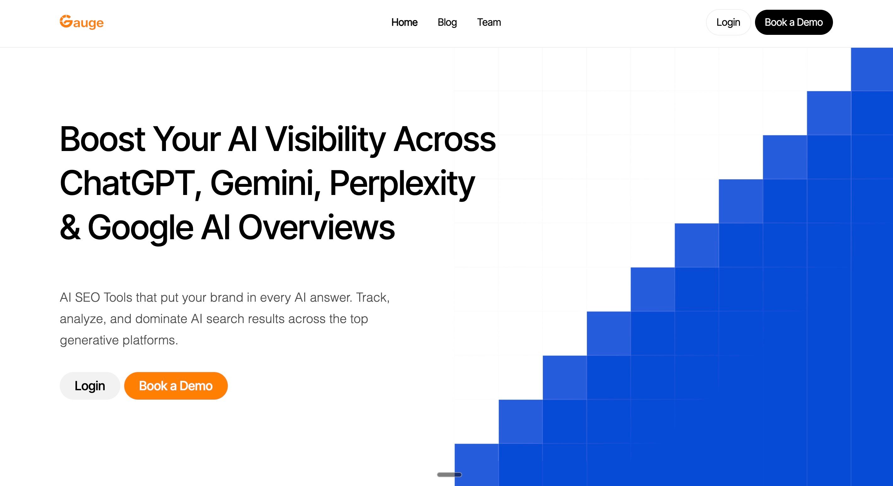Gauge screenshot showing gap analysis, citation intelligence, and prioritized actions for AI search visibility