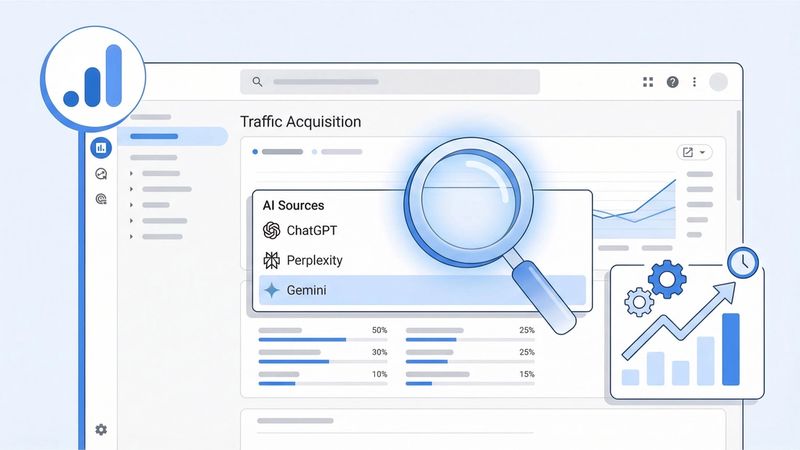 Traffic acquisition report in Google Analytics 4 displaying custom filter configuration with session source dimension, matches regex match type, and AI platform pattern for separating traditional search traffic from ChatGPT, Perplexity, Gemini, and other AI engine referrals, enabling marketers to correlate content efforts with AI visibility changes and traffic spikes