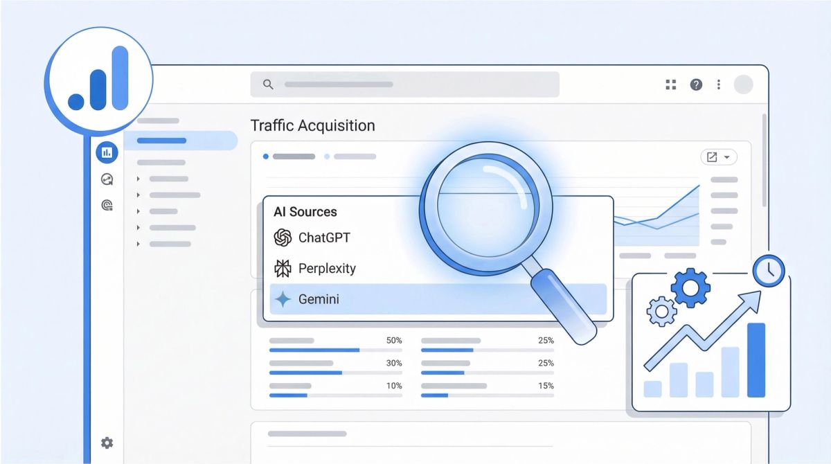 Traffic acquisition report in Google Analytics 4 displaying custom filter configuration with session source dimension, matches regex match type, and AI platform pattern for separating traditional search traffic from ChatGPT, Perplexity, Gemini, and other AI engine referrals, enabling marketers to correlate content efforts with AI visibility changes and traffic spikes