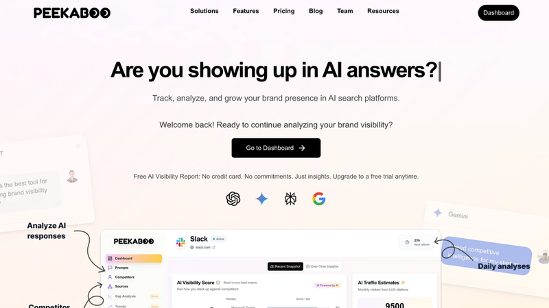 Screenshot of AI Peekaboo visibility dashboard showing brand mentions and citations in ChatGPT answers with competitor insights for agencies and marketing teams.