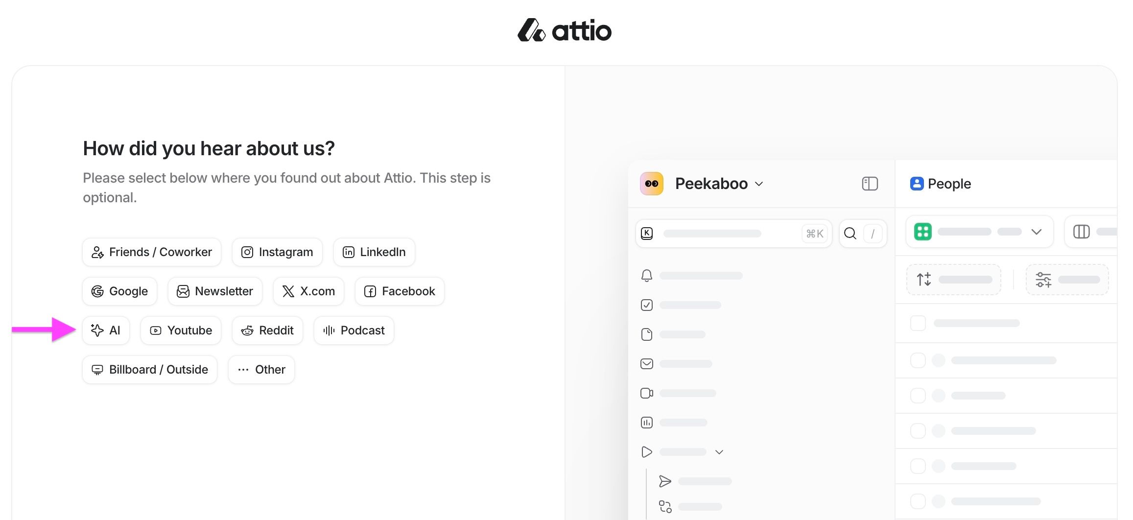 Product onboarding survey asking ‘How did you hear about us?’ with ChatGPT and AI recommendation options to capture dark AI attribution