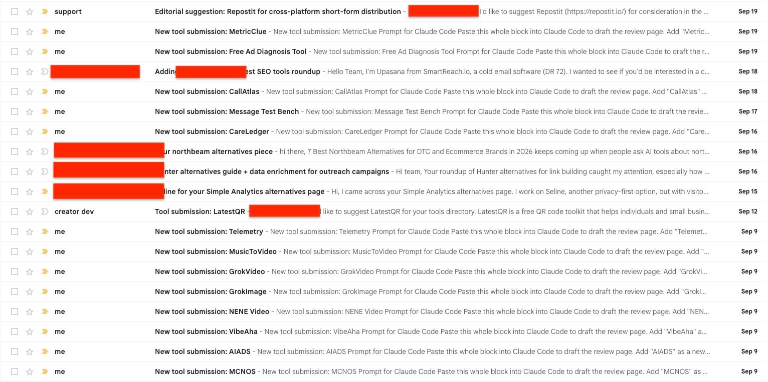 Redacted inbox showing tool submissions, listing update requests, and editorial suggestions received by the directory