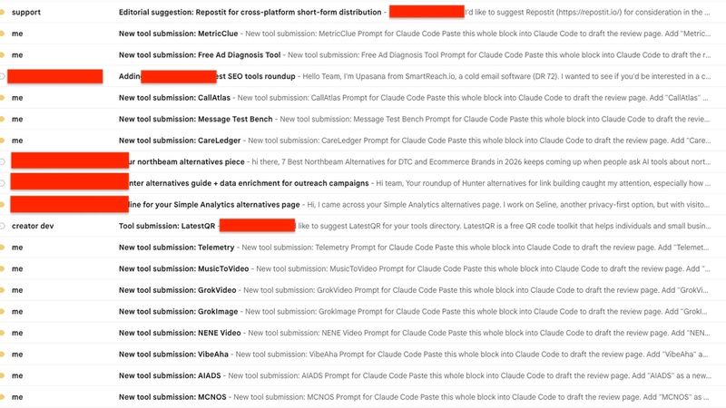 Redacted inbox showing tool submissions, listing update requests, and editorial suggestions received by the directory