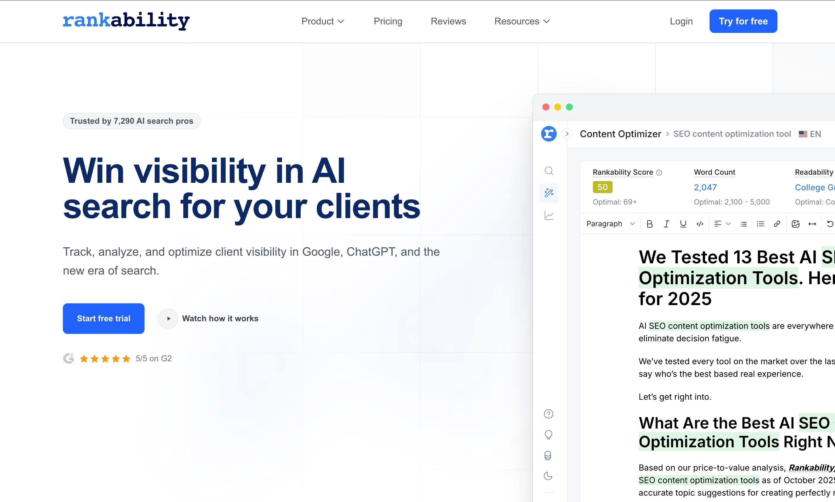 Rankability interface screenshot highlighting AI visibility monitoring with recommended content fixes and client reporting workflows as an alternative to ZipTie.dev