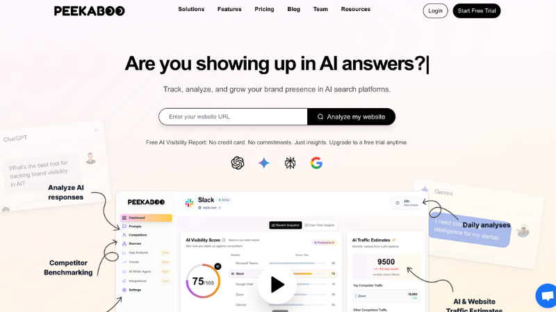 Screenshot of Peekaboo website showing AI brand visibility checker features and tracking across AI engines.