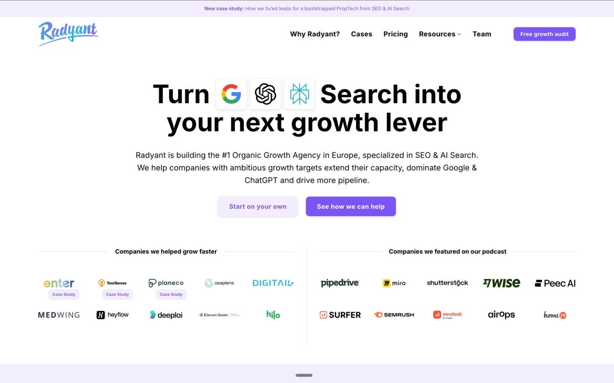 Radyant European organic growth agency homepage showing B2B SaaS specialization helping companies dominate Google and ChatGPT with pipeline and revenue focus