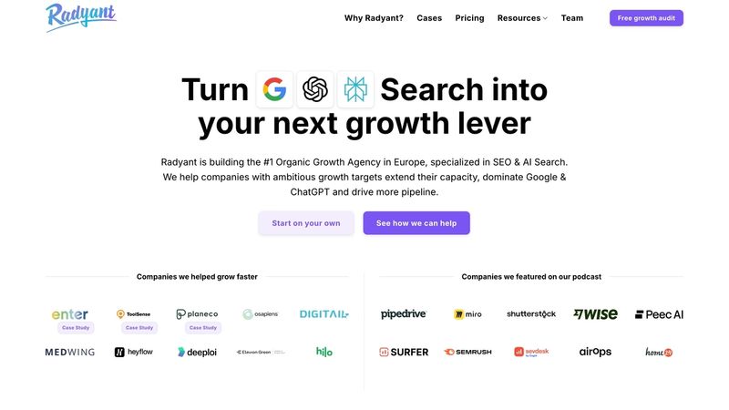 Radyant European organic growth agency homepage showing B2B SaaS specialization helping companies dominate Google and ChatGPT with pipeline and revenue focus
