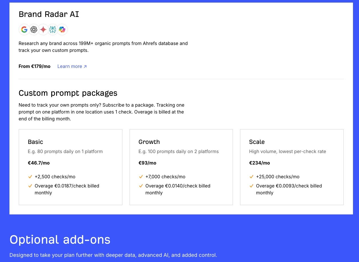 Ahrefs Brand Radar Pricing Page