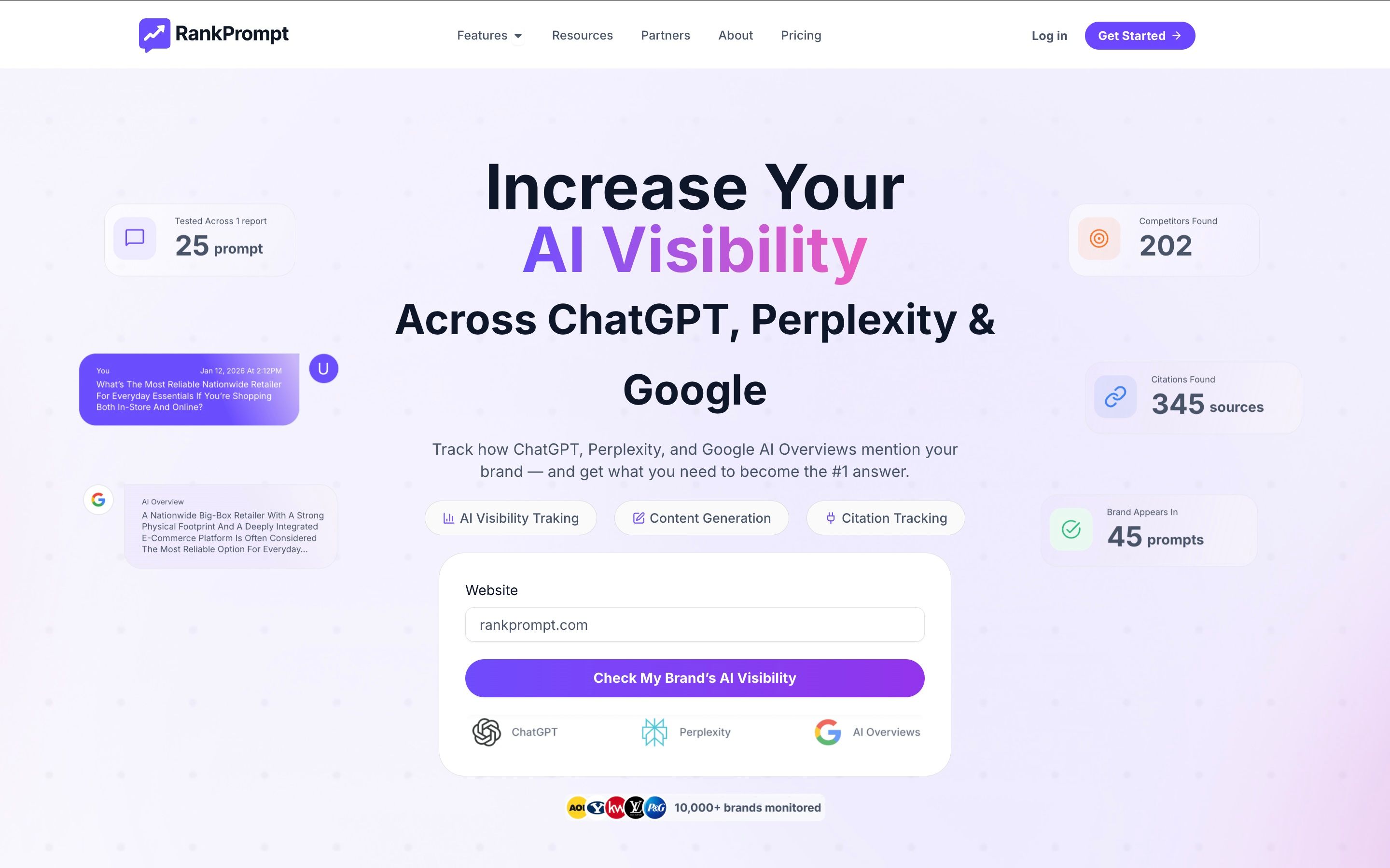 RankPrompt reporting interface showing high-volume ChatGPT answer tracking, prompt performance, and source-level insights