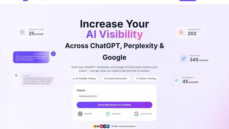 RankPrompt reporting interface showing high-volume ChatGPT answer tracking, prompt performance, and source-level insights