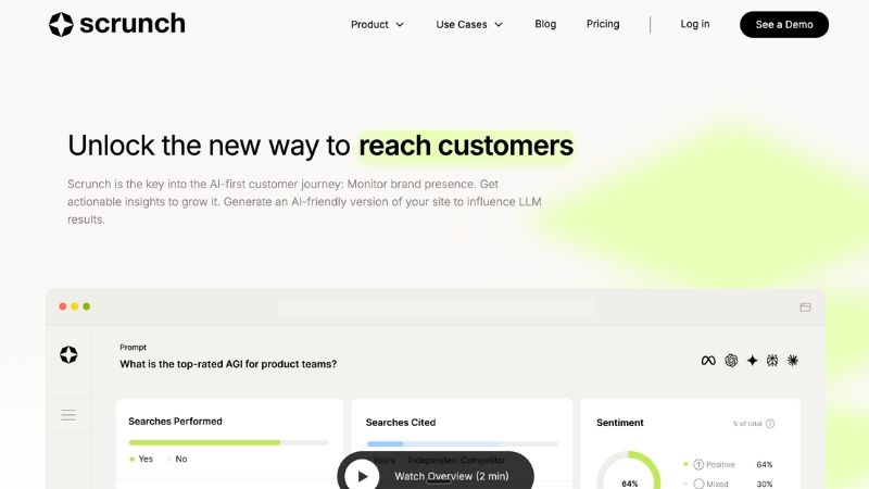 Scrunch brand reputation-focused AI visibility platform for e-commerce showing sentiment and citation tracking for product mentions, page audits for product pages, and 100 prompts at $100/month - best tool for e-commerce brands prioritizing brand reputation and qualitative product analysis