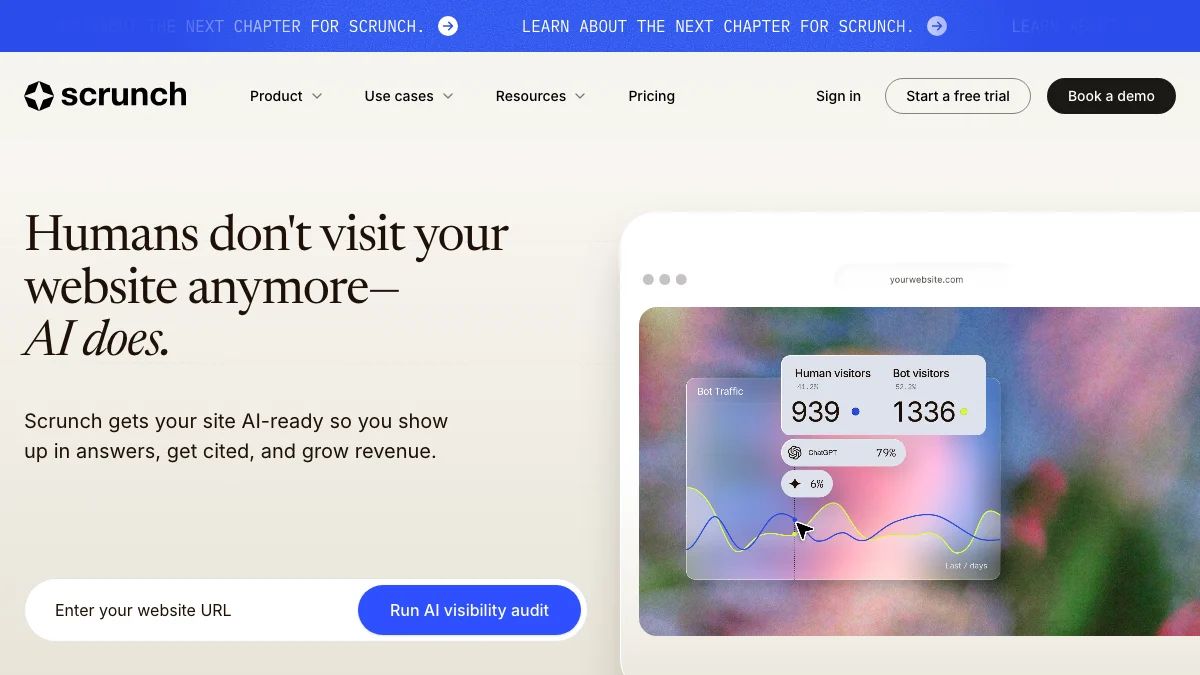 Scrunch website homepage, captured in September 2026
