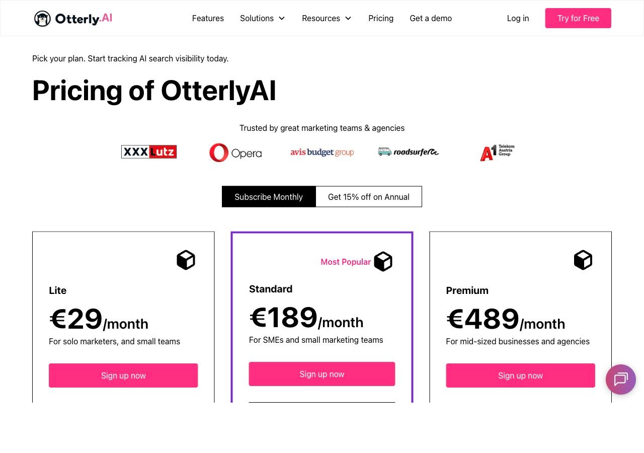 Otterly AI pricing page — Lite $29/mo, Standard $189/mo, Premium $489/mo