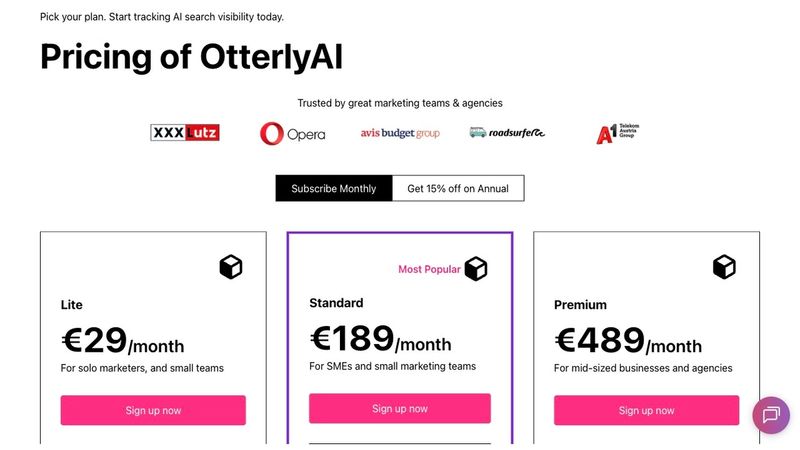 Otterly AI pricing page — Lite $29/mo, Standard $189/mo, Premium $489/mo
