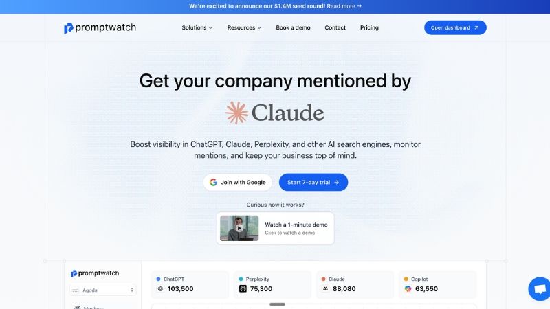 Screenshot of Promptwatch interface tracking brand mentions across AI engines during free trial setup.