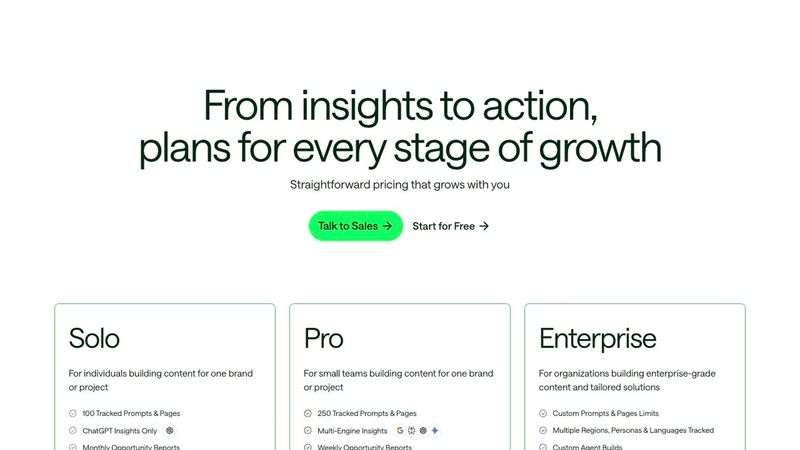 AirOps pricing page — Solo free tier, Pro and Enterprise pricing not publicly listed