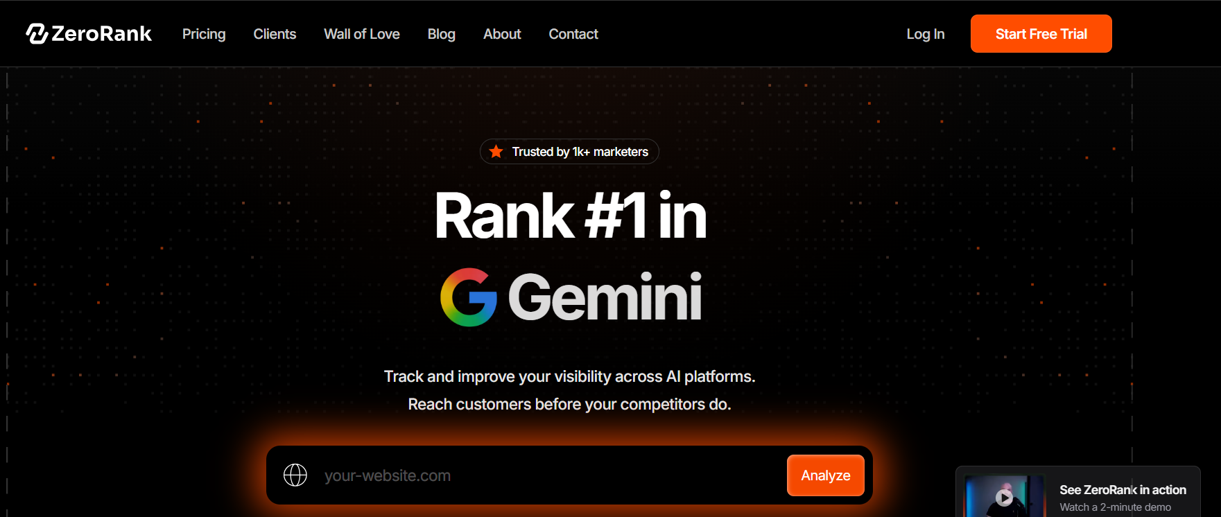 Screenshot of the ZeroRank AI homepage showing its AI visibility tracking across platforms like Google Gemini