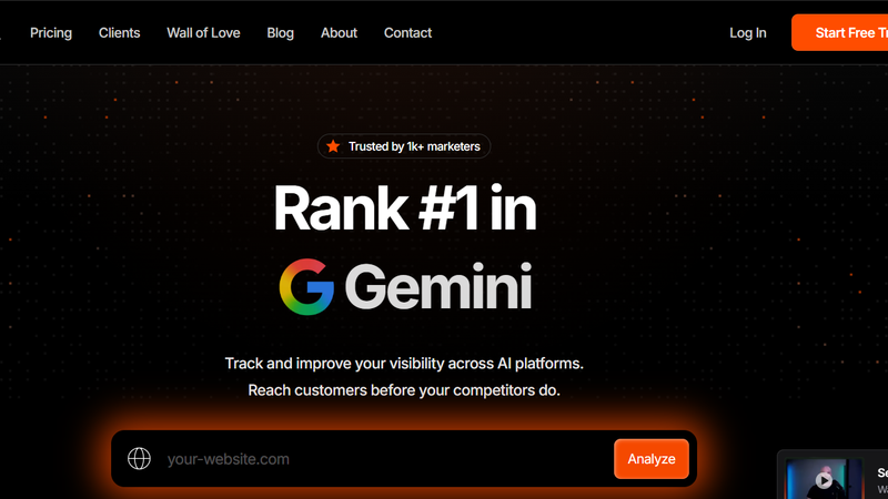 Screenshot of the ZeroRank AI homepage showing its AI visibility tracking across platforms like Google Gemini