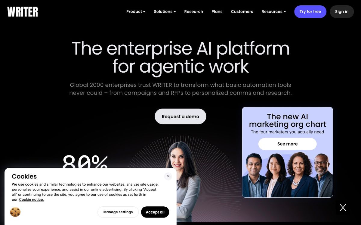 Writer homepage hero section — enterprise AI platform for agentic work