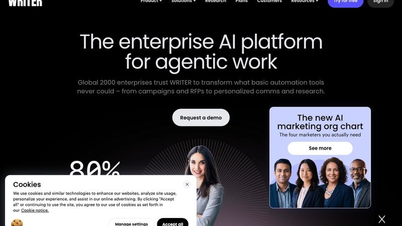 Writer homepage hero section — enterprise AI platform for agentic work