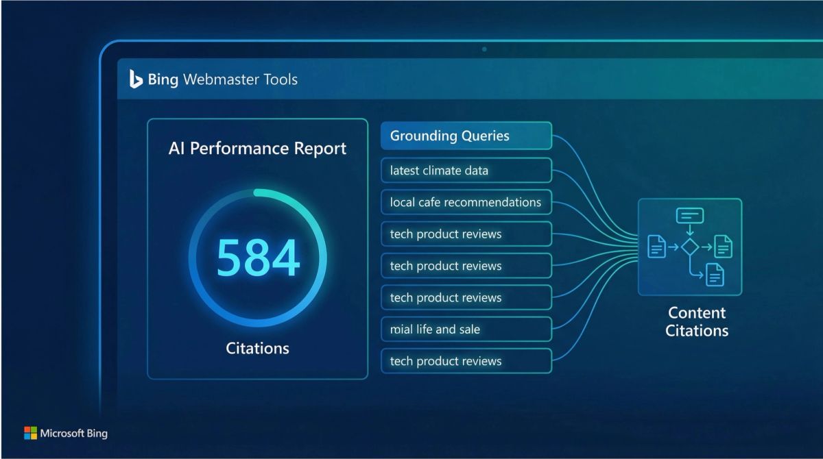 Bing AI Performance report interface demonstrating strategic implications of citation data with grounding queries revealing audience language patterns when interacting with AI, page-specific citation counts showing content authority signals, and trend analysis for understanding how AI models select and reference content across different queries and topics over time