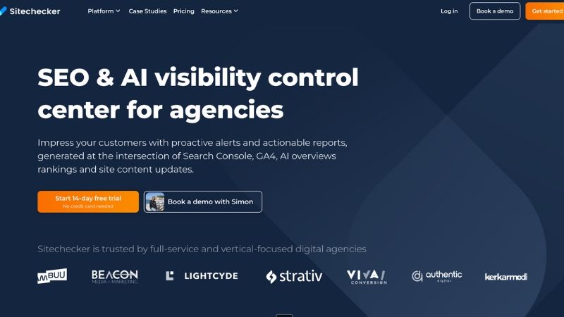 Screenshot of Sitechecker white label platform showing branded PDF reports and custom portal settings for agency clients.   Select 83 more words to run Humanizer.