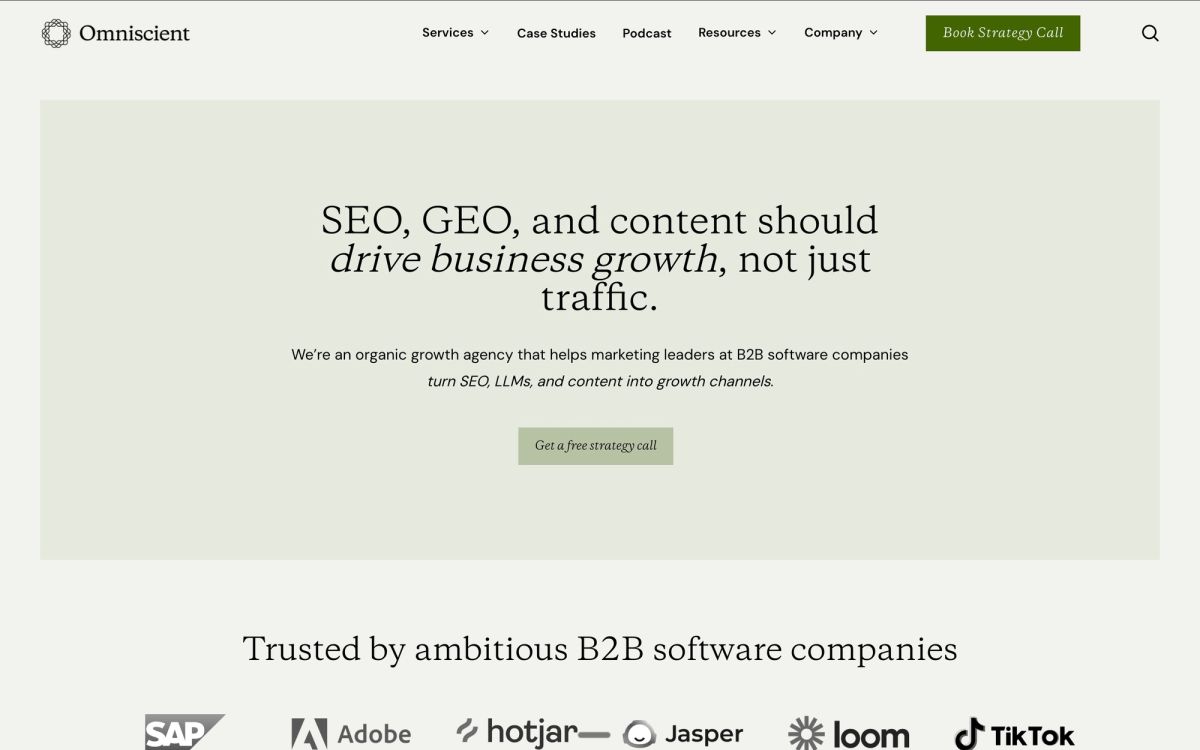Omniscient Digital homepage showing B2B software company specialization blending editorial taste with performance rigor essential for GEO success