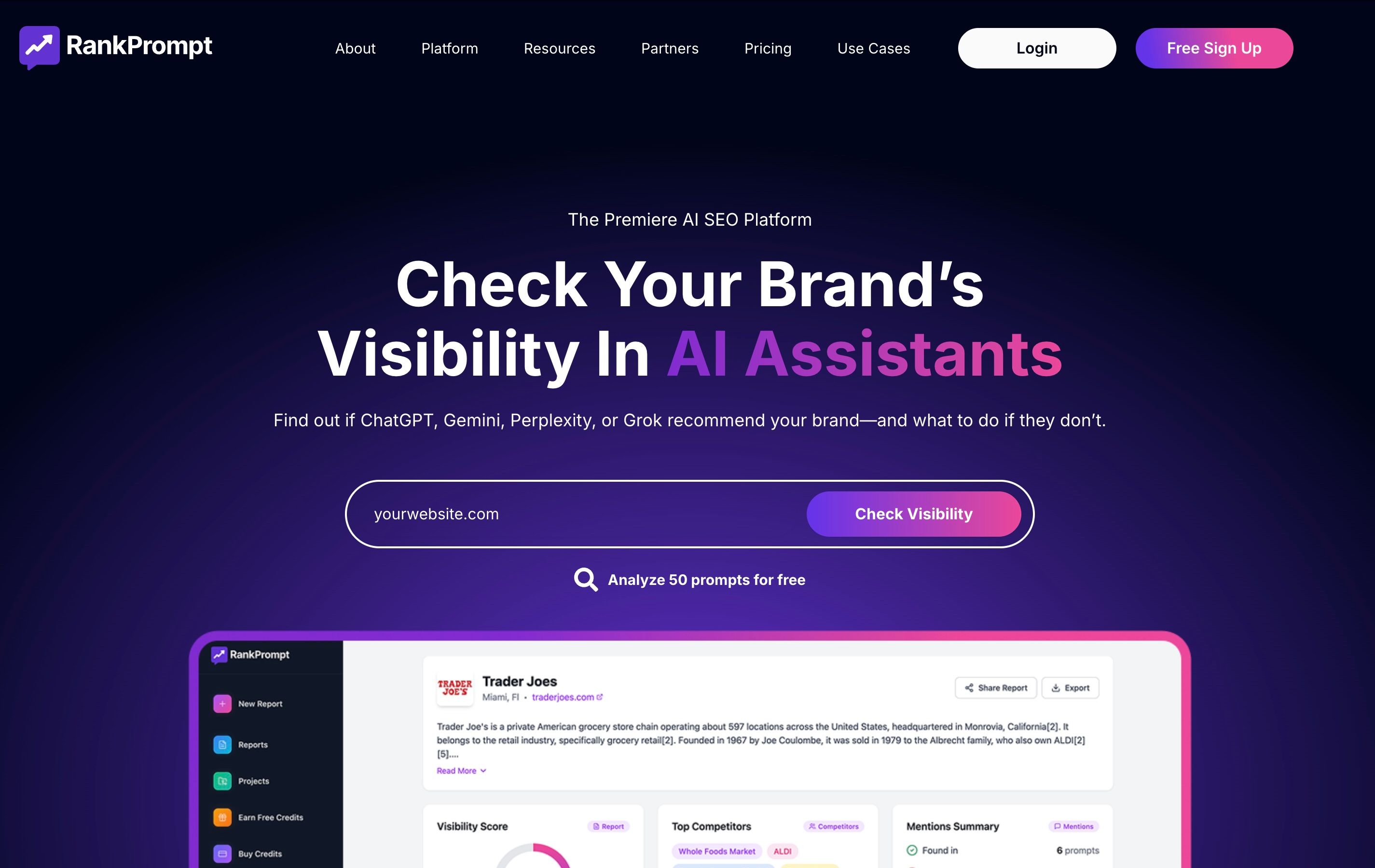 Rank Prompt AI visibility tool screenshot showing credit-based prompt tracking, competitive benchmarking, and budget-friendly monitoring for agencies.