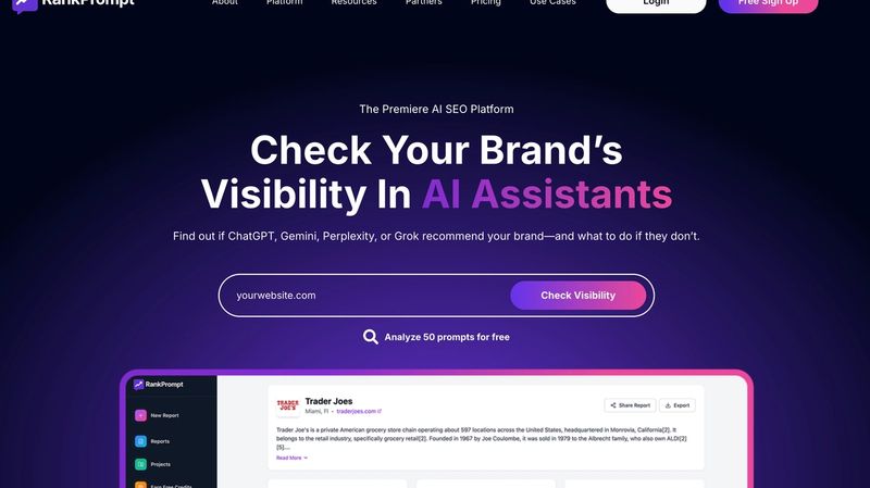 Rank Prompt AI visibility tool screenshot showing credit-based prompt tracking, competitive benchmarking, and budget-friendly monitoring for agencies.