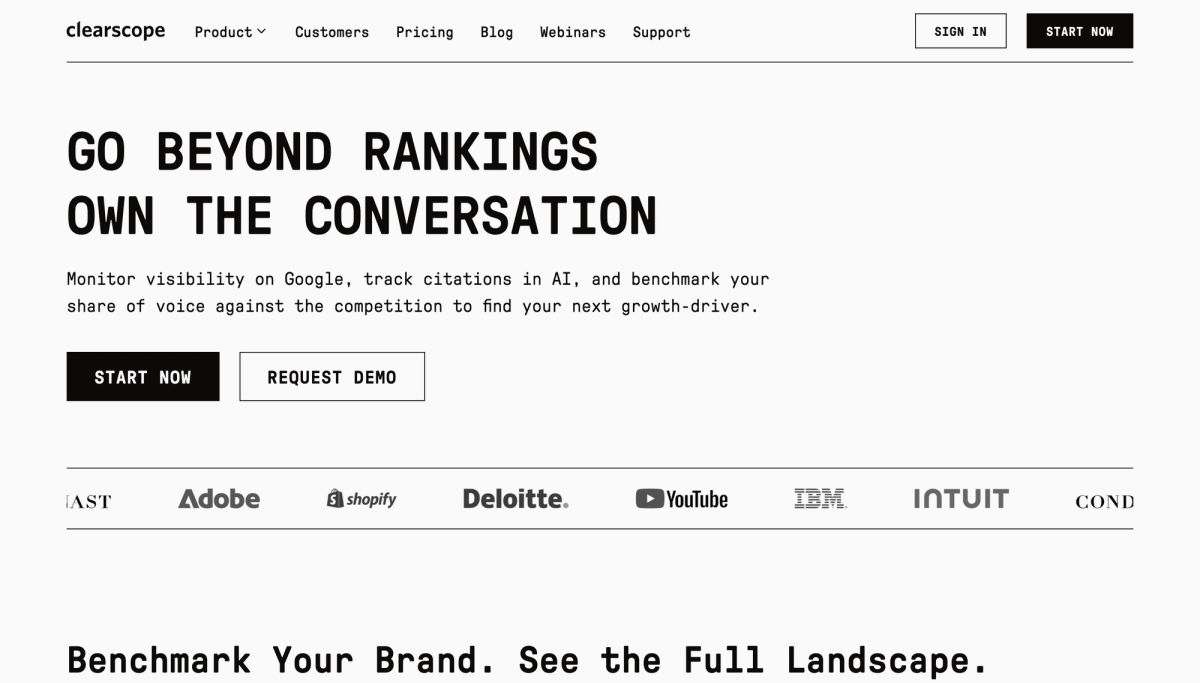 Clearscope AI visibility product page: Go Beyond Rankings, Own the Conversation