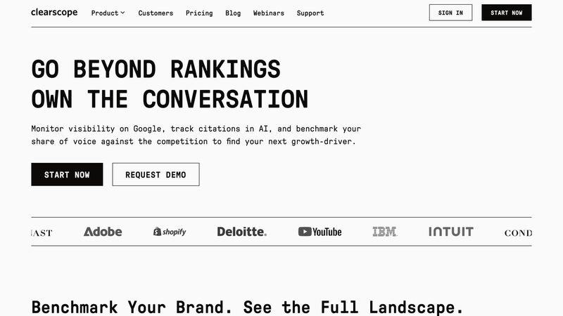 Clearscope AI visibility product page: Go Beyond Rankings, Own the Conversation