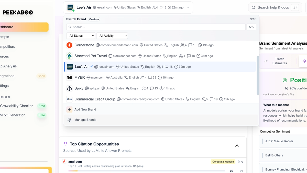 Peekaboo dashboard showing multi-client management features for agencies tracking AI search visibility across multiple brands using top AI visibility tools.
