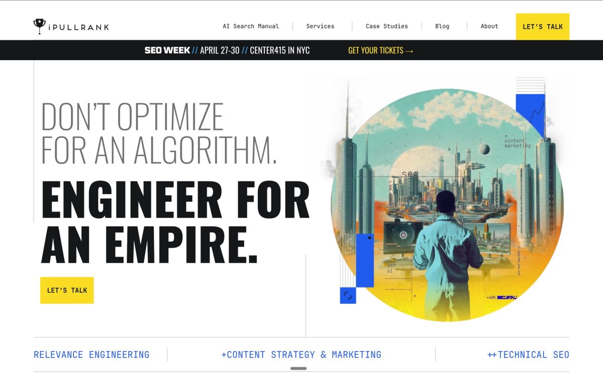 iPullRank agency homepage showing technical SEO and content strategy services led by well-respected Michael King, highlighting Generative Engine Optimization integration into core offerings with Profound as tool of choice for GEO analytics