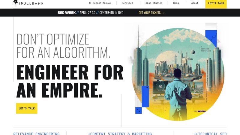 iPullRank agency homepage showing technical SEO and content strategy services led by well-respected Michael King, highlighting Generative Engine Optimization integration into core offerings with Profound as tool of choice for GEO analytics