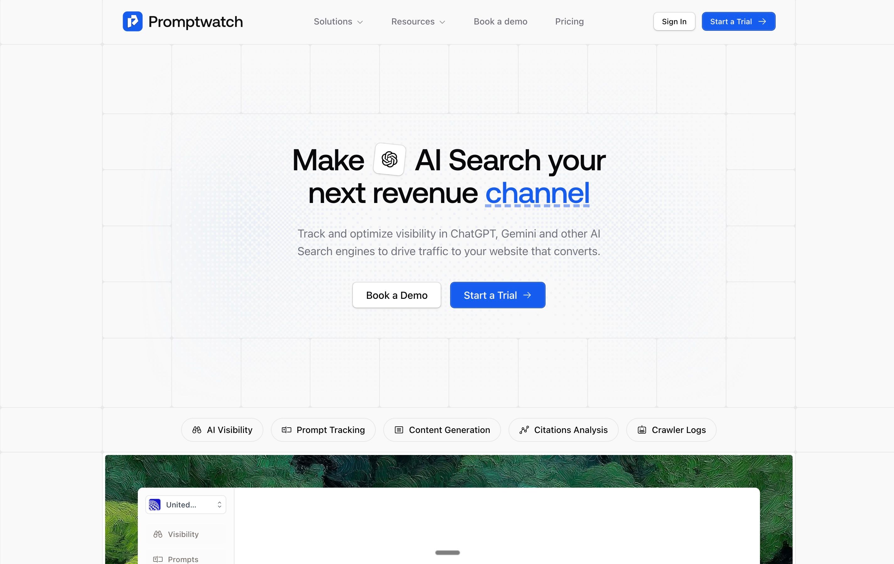 Screenshot of Promptwatch showing a low-cost trial dashboard with AI visibility analytics, brand mentions, sentiment trends, and competitor performance tracking.