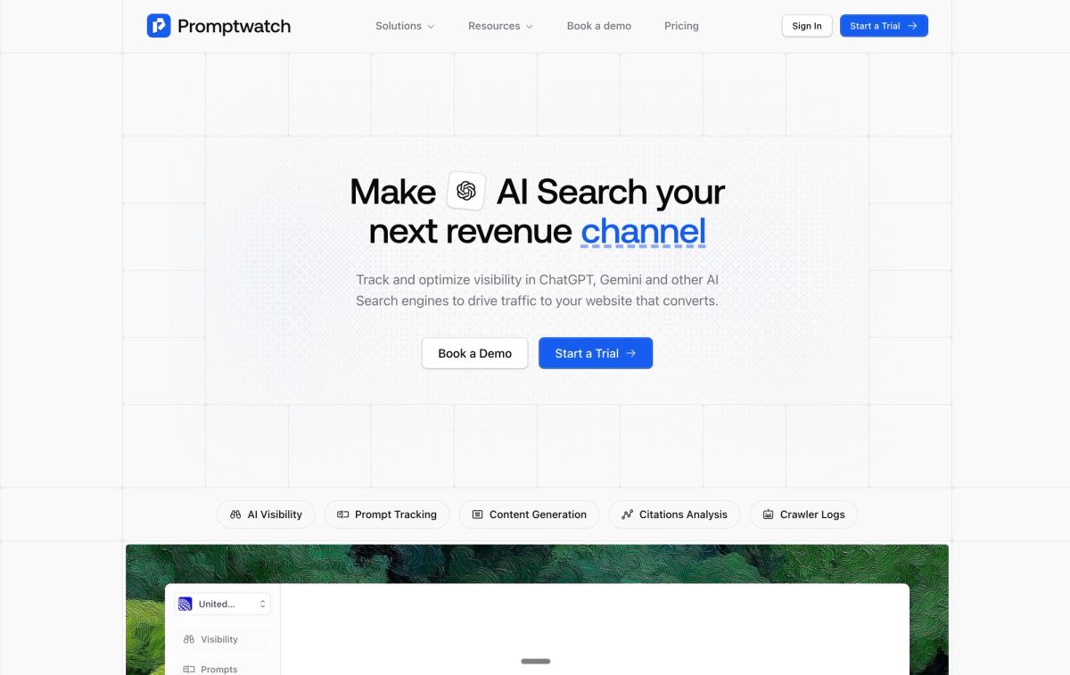 Promptwatch showing prompt-level AI visibility monitoring, citation insights, and actionable recommendations to improve performance in AI answers