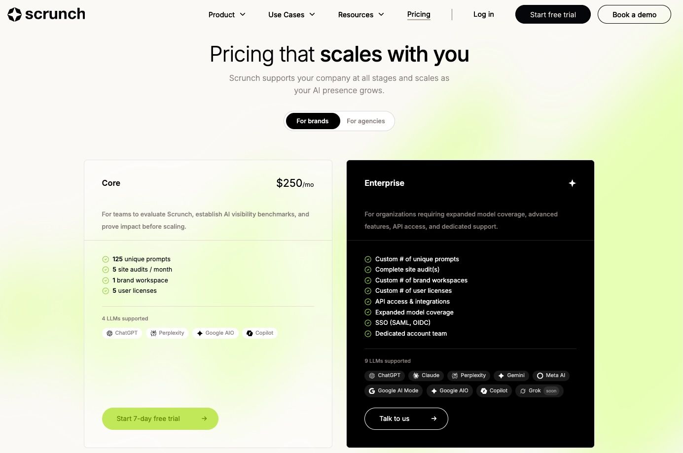 Scrunch AI pricing page for brands