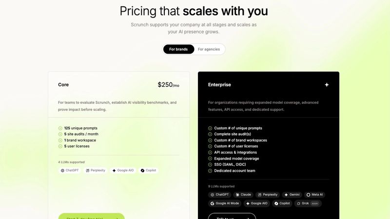 Scrunch AI pricing page for brands